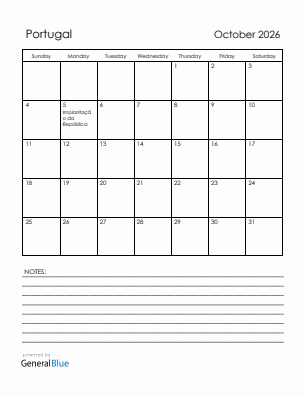Current month calendar with Portugal holidays for October 2026