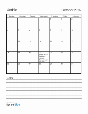 Current month calendar with Serbia holidays for October 2026