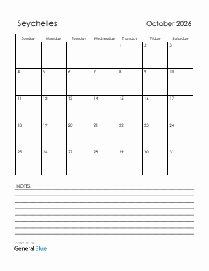 Current month calendar with Seychelles holidays for October 2026