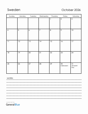 Current month calendar with Sweden holidays for October 2026