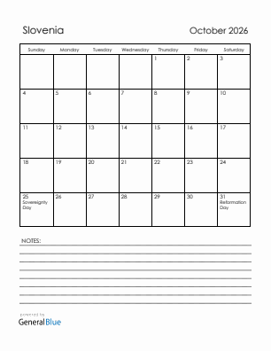 Current month calendar with Slovenia holidays for October 2026