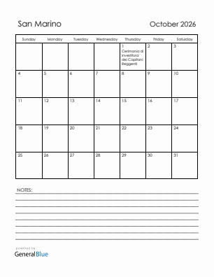 Current month calendar with San Marino holidays for October 2026