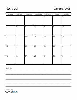 Current month calendar with Senegal holidays for October 2026