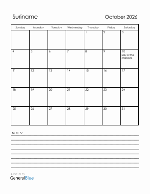 Current month calendar with Suriname holidays for October 2026