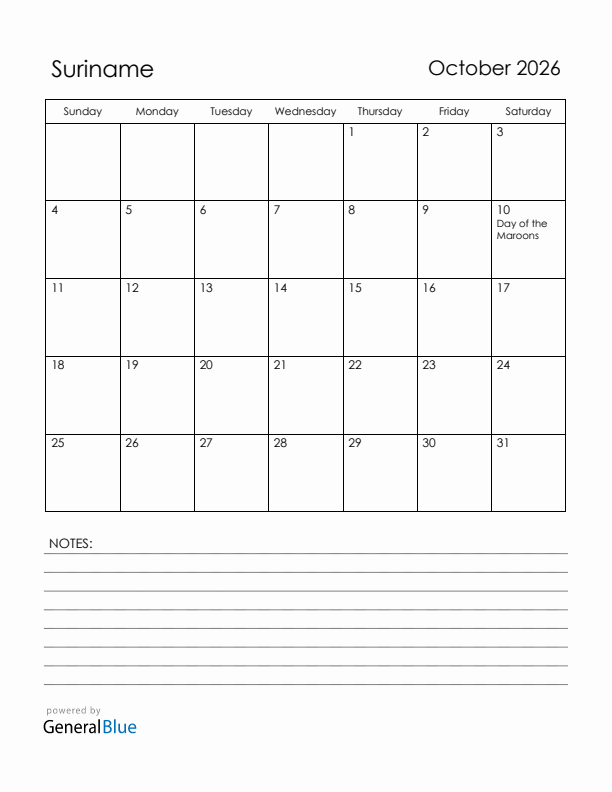 October 2026 Suriname Calendar with Holidays (Sunday Start)