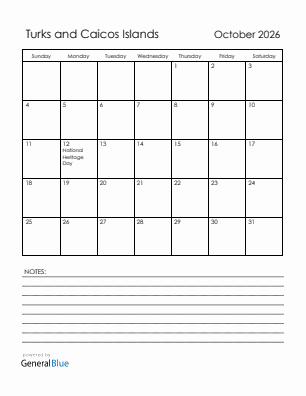 Current month calendar with Turks and Caicos Islands holidays for October 2026