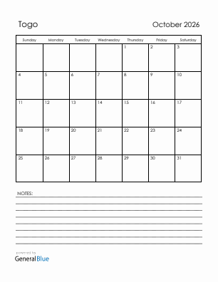 Current month calendar with Togo holidays for October 2026