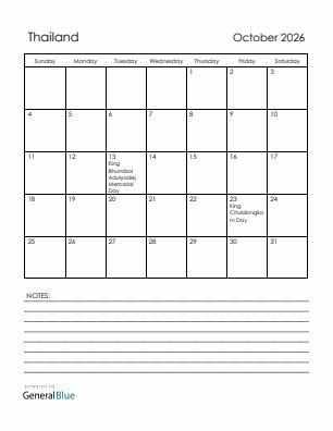 Current month calendar with Thailand holidays for October 2026