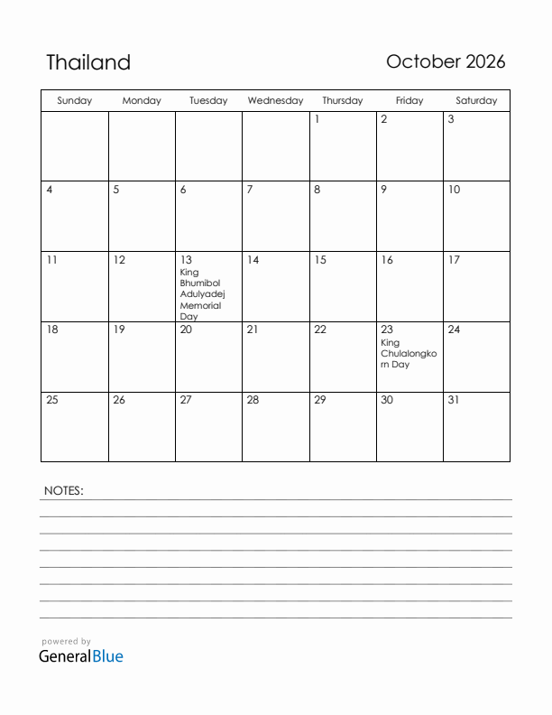 October 2026 Thailand Calendar with Holidays (Sunday Start)