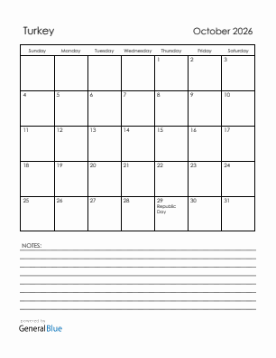 Current month calendar with Turkey holidays for October 2026