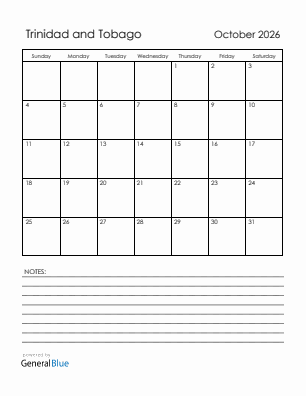 Current month calendar with Trinidad and Tobago holidays for October 2026