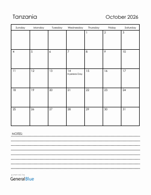 Current month calendar with Tanzania holidays for October 2026