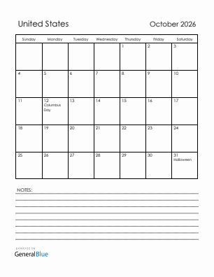 Current month calendar with United States holidays for October 2026