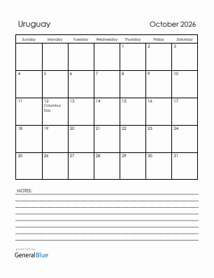 Current month calendar with Uruguay holidays for October 2026