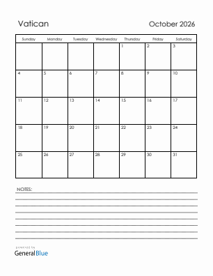 Current month calendar with Vatican holidays for October 2026
