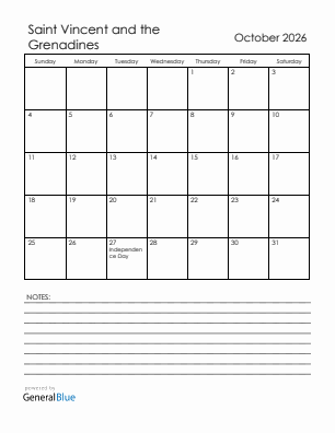 Current month calendar with Saint Vincent and the Grenadines holidays for October 2026