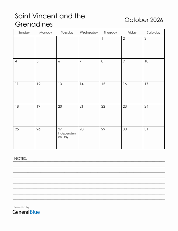 October 2026 Saint Vincent and the Grenadines Calendar with Holidays (Sunday Start)