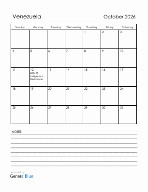 Current month calendar with Venezuela holidays for October 2026
