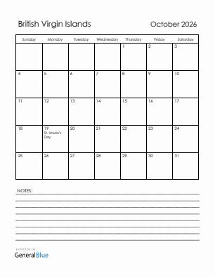 Current month calendar with British Virgin Islands holidays for October 2026