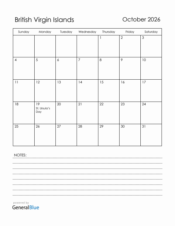 October 2026 British Virgin Islands Calendar with Holidays (Sunday Start)