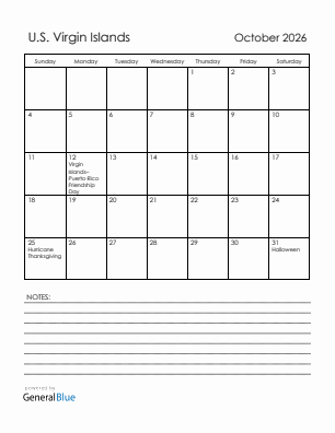 Current month calendar with U.S. Virgin Islands holidays for October 2026