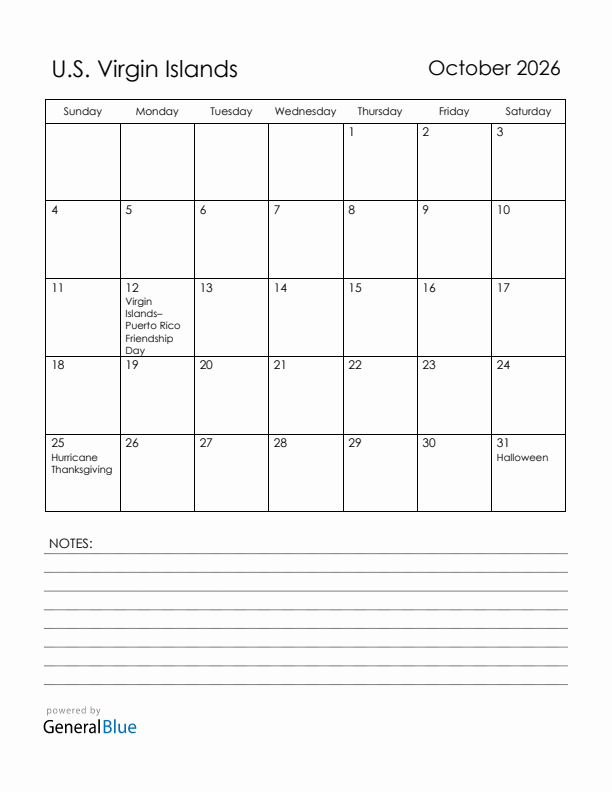 October 2026 U.S. Virgin Islands Calendar with Holidays (Sunday Start)