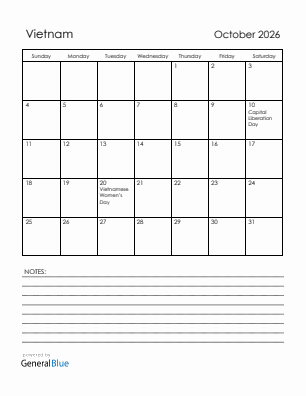 Current month calendar with Vietnam holidays for October 2026