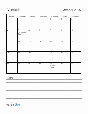 Current month calendar with Vanuatu holidays for October 2026
