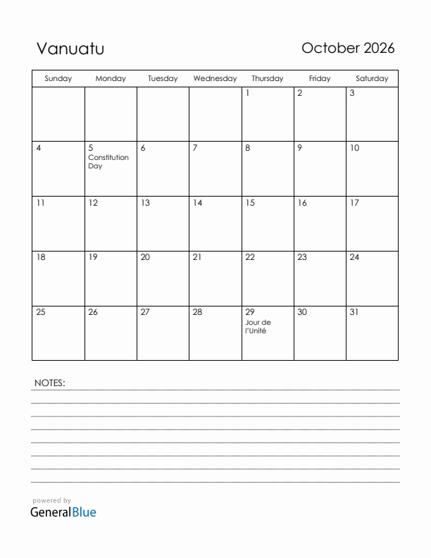 October 2026 Vanuatu Calendar with Holidays (Sunday Start)