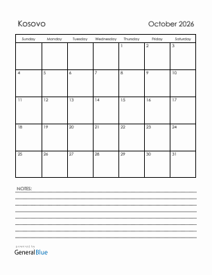 Current month calendar with Kosovo holidays for October 2026