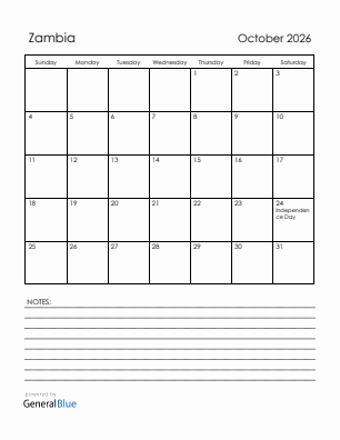 Current month calendar with Zambia holidays for October 2026