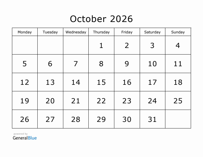 Printable October 2026 Calendar Monday Start