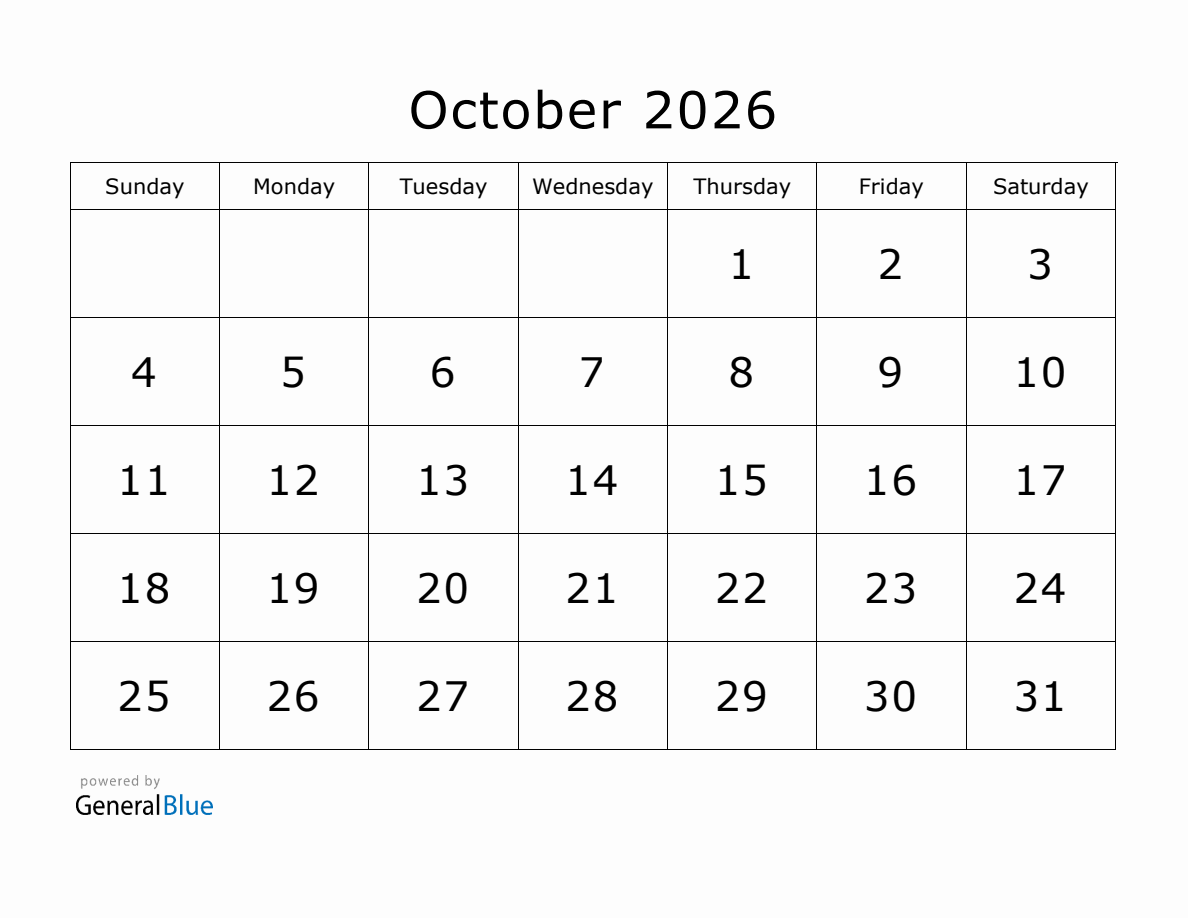 Printable October 2026 Calendar