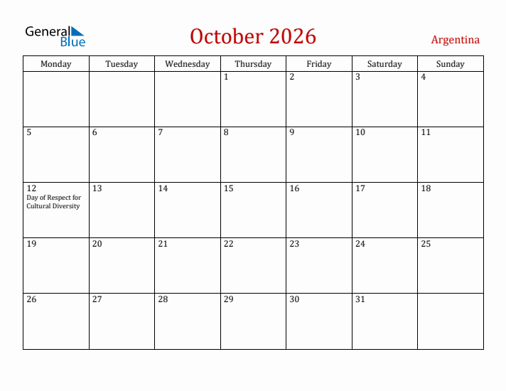 Argentina October 2026 Calendar - Monday Start