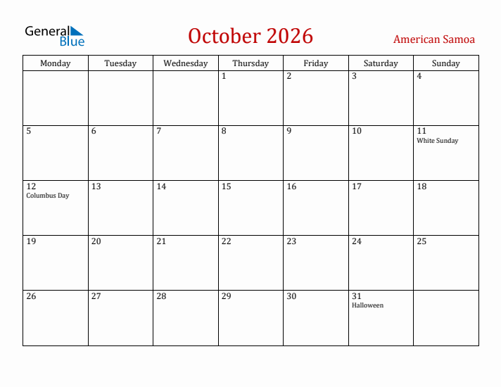 American Samoa October 2026 Calendar - Monday Start