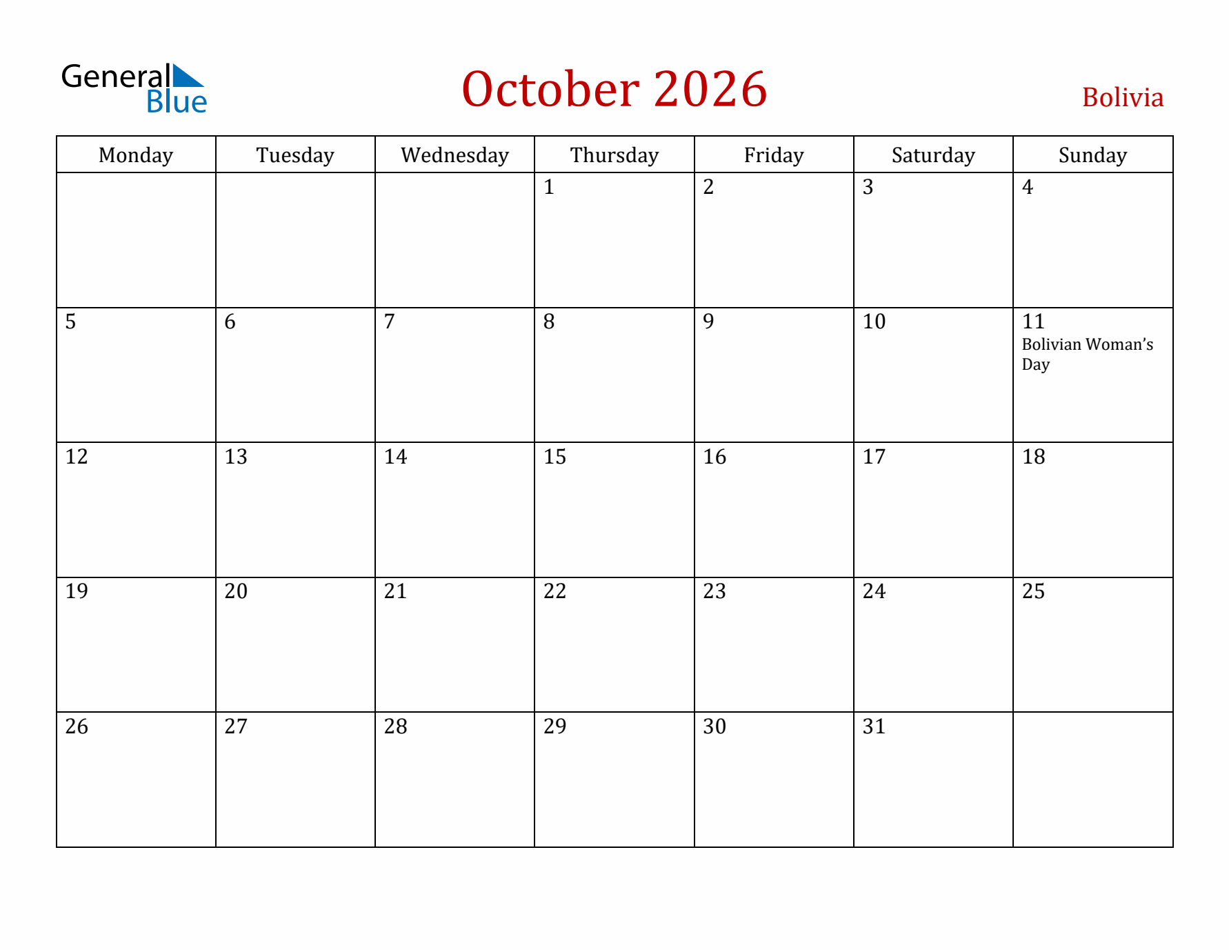 Bolivia October 2026 Calendar - Monday Start