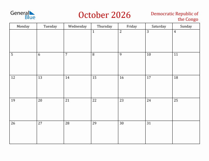 Democratic Republic of the Congo October 2026 Calendar - Monday Start