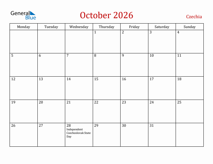 Czechia October 2026 Calendar - Monday Start