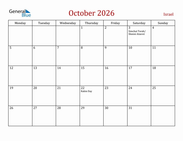 Israel October 2026 Calendar - Monday Start