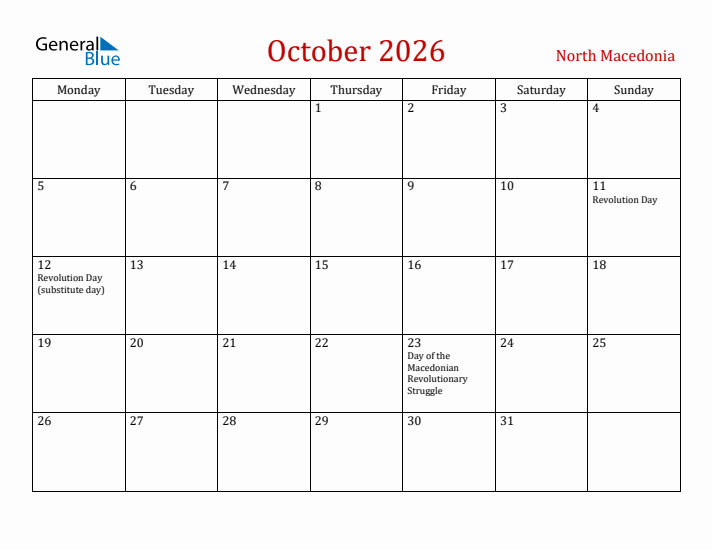 North Macedonia October 2026 Calendar - Monday Start