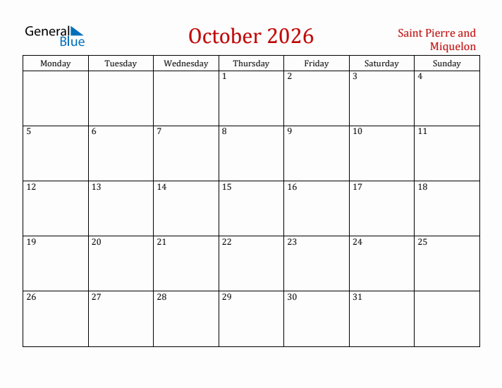 Saint Pierre and Miquelon October 2026 Calendar - Monday Start