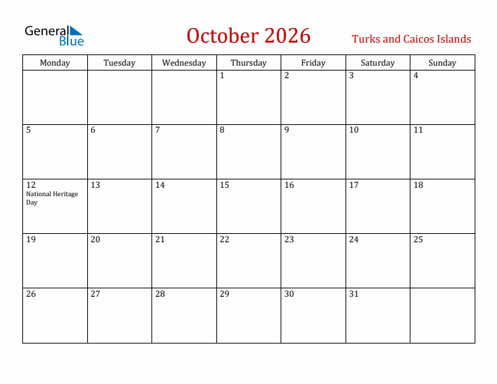 Turks and Caicos Islands October 2026 Calendar - Monday Start