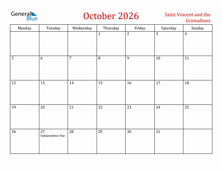 Saint Vincent and the Grenadines October 2026 Calendar - Monday Start