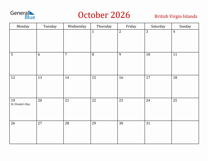 British Virgin Islands October 2026 Calendar - Monday Start