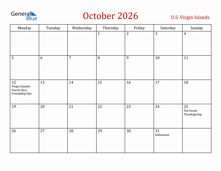 U.S. Virgin Islands October 2026 Calendar - Monday Start
