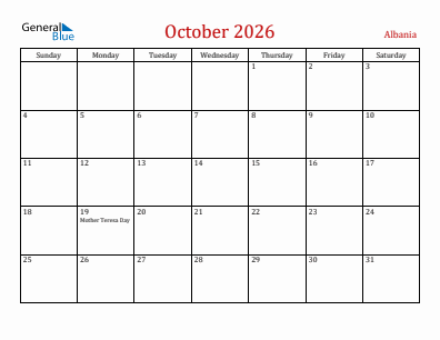 Current month calendar with Albania holidays for October 2026