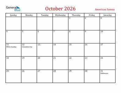 Current month calendar with American Samoa holidays for October 2026