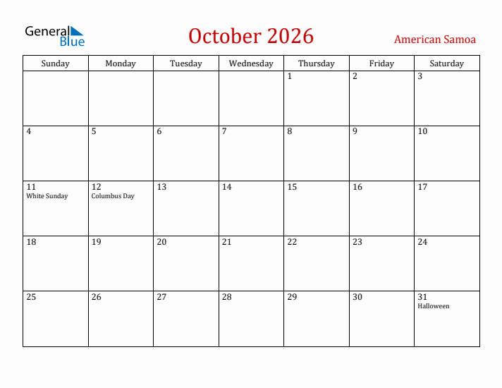 American Samoa October 2026 Calendar - Sunday Start