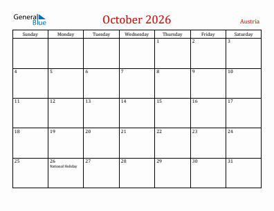 Current month calendar with Austria holidays for October 2026