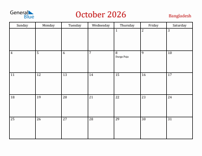 Current month calendar with Bangladesh holidays for October 2026